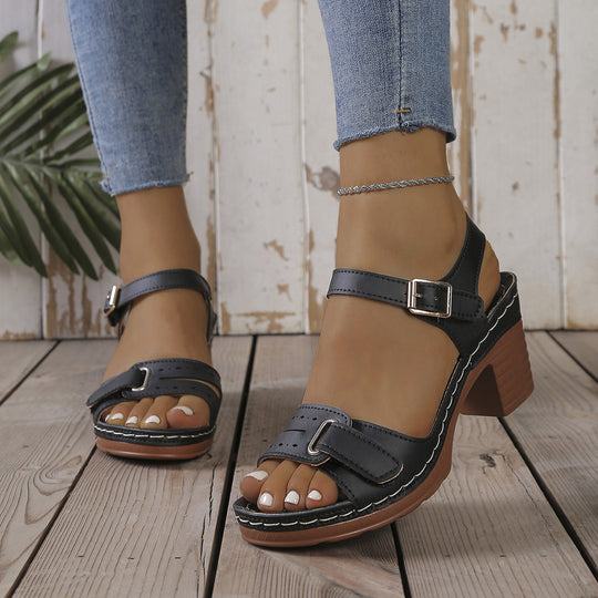 Damen modische Sandaletten mit eleganter Schnalle und Holz-Blockabsatz EB