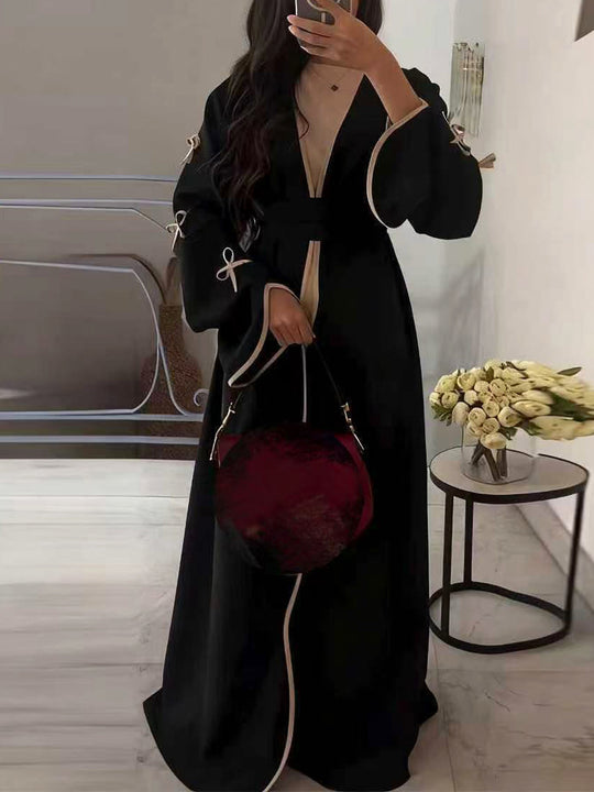 Damen nan elegante Abaya-Kaftan mit weitem Trompetenärmel, kontrastierender Passe und Wickelgürtel EB