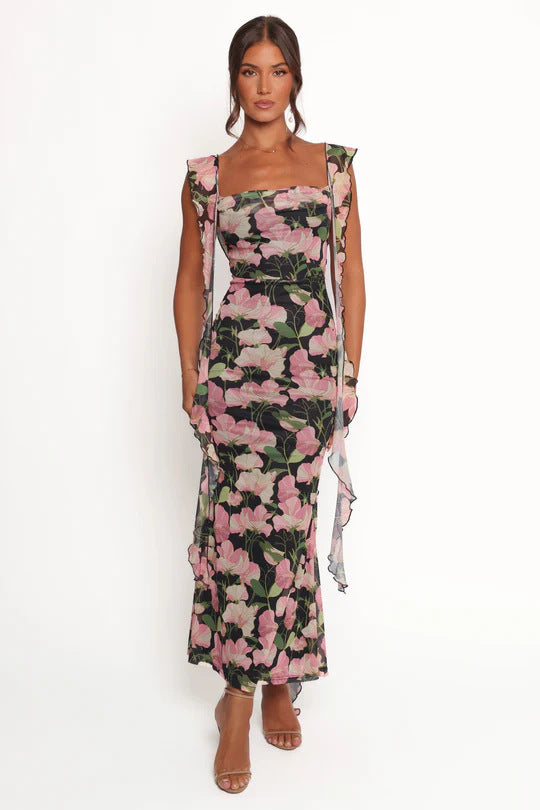 Damen Etuikleid mit romantischem floralem Design und Rüschenärmeln EB