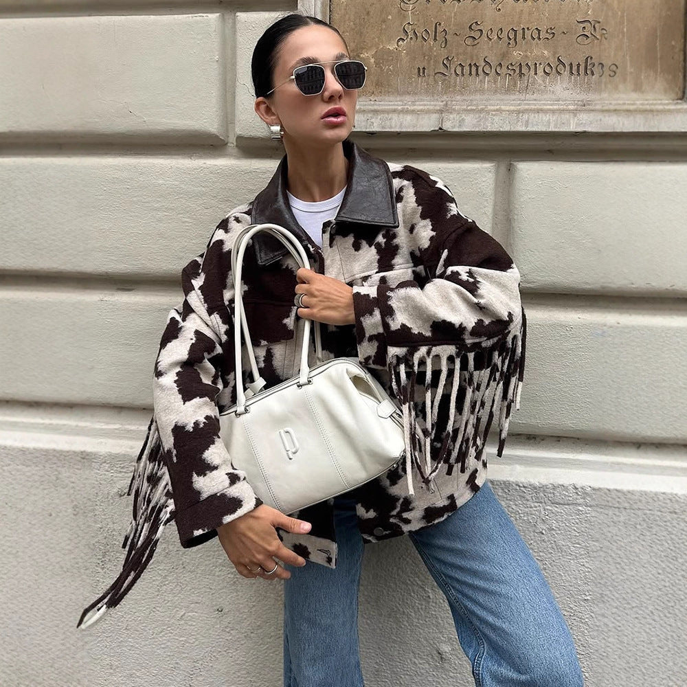 Damen Oversized Fransenjacke mit Kuhmuster EB