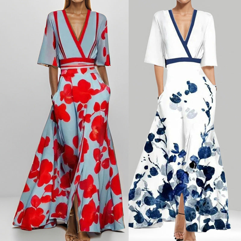 Damen Maxikleid mit Wickeloberteil, Taillengürtel und fließendem Satinrock EB
