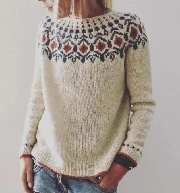 Damen nan gemusterter Norwegerstrickpullover mit weitem Rundhalsausschnitt und lässigem Oversize-Schnitt EB