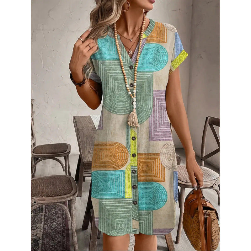 Damen Hemdblusenkleid mit geometrischem Muster und kurzen Ärmeln EB