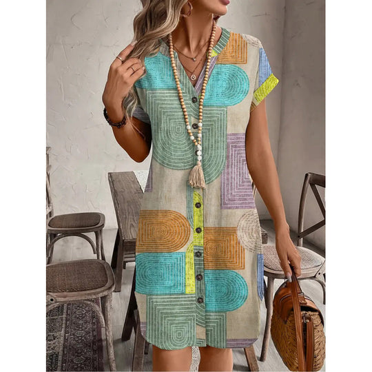 Damen Hemdblusenkleid mit geometrischem Muster und kurzen Ärmeln EB