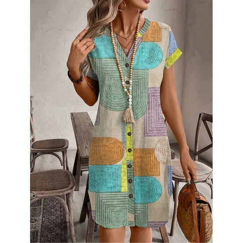 Damen Hemdblusenkleid mit geometrischem Muster und kurzen Ärmeln EB