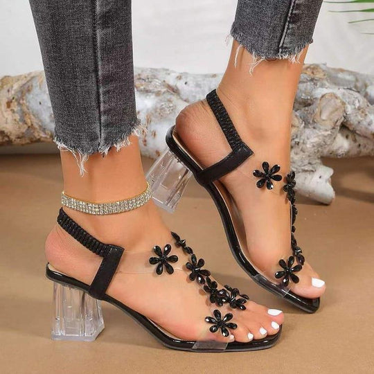 Damen Glamouröse Sandalen mit transparentem Blockabsatz und funkelnden Blumenapplikationen EB