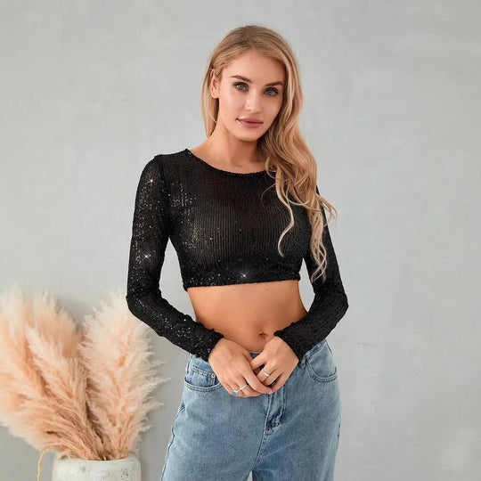 Damen Glitzerndes Langarm-Top mit funkelnden Pailletten EB
