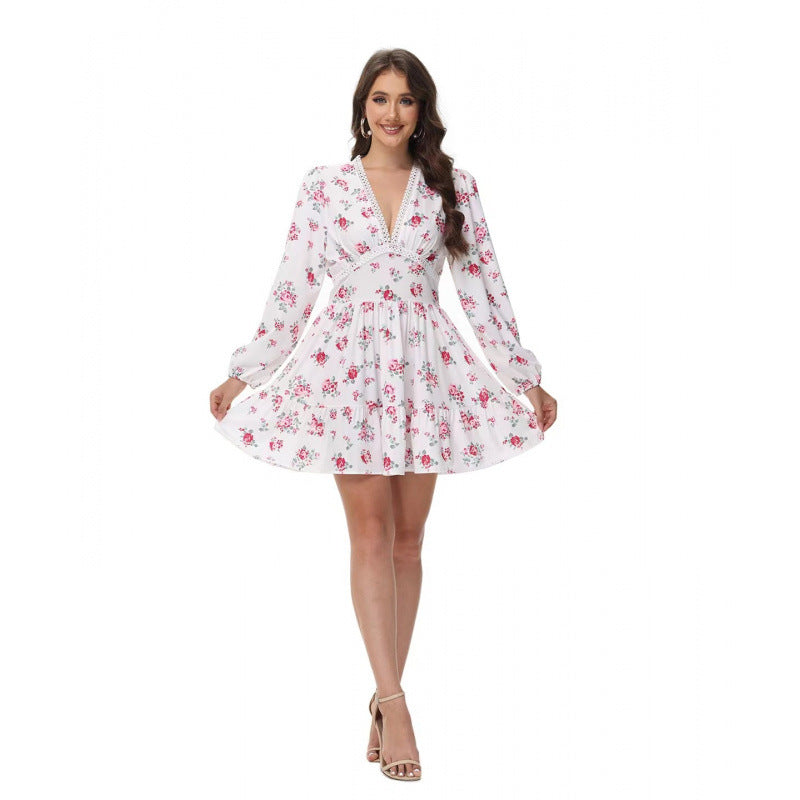 Damen Boho-florales Minikleid mit V-Ausschnitt und Puffärmeln EB