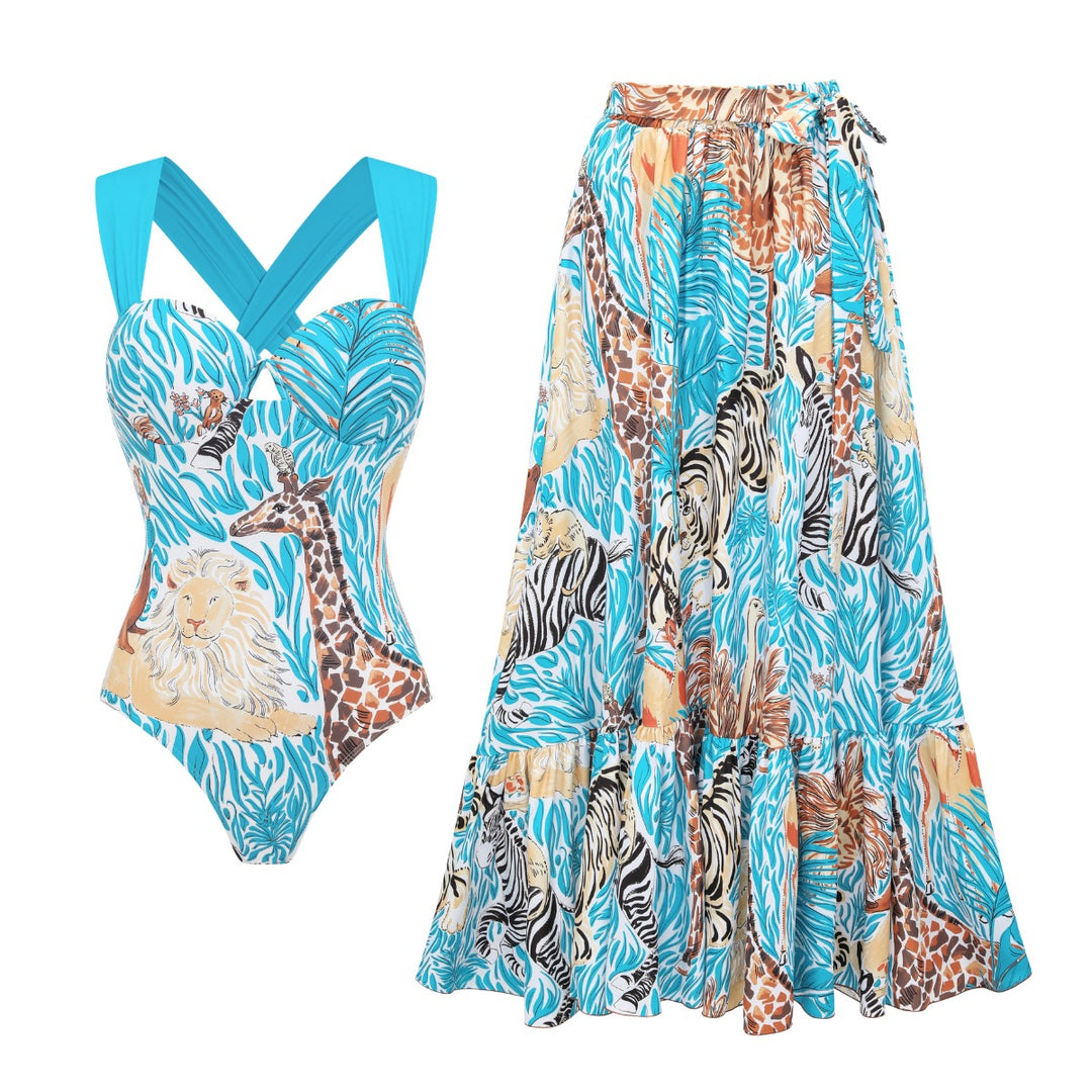 Damen Einteiler Badeanzug mit tierischem Print und eleganter Taillierung EB