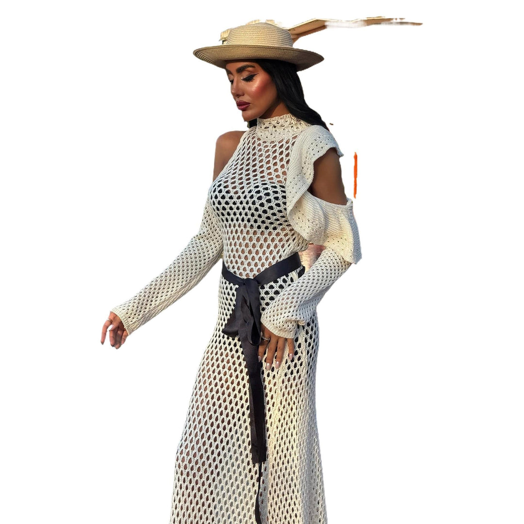 Damen schulterfreies Netzkleid mit eleganten Rüschen EB