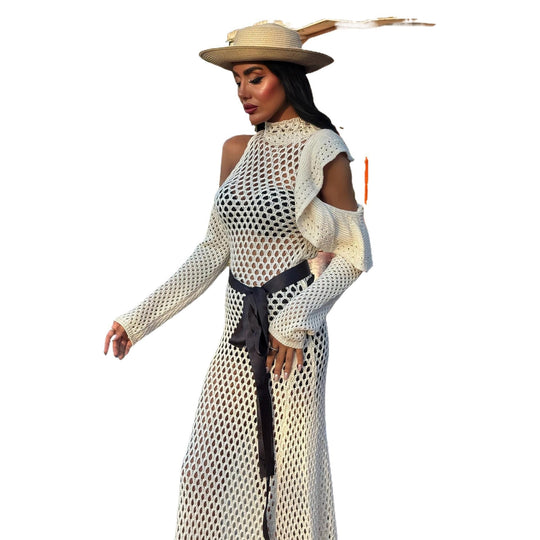 Damen schulterfreies Netzkleid mit eleganten Rüschen EB