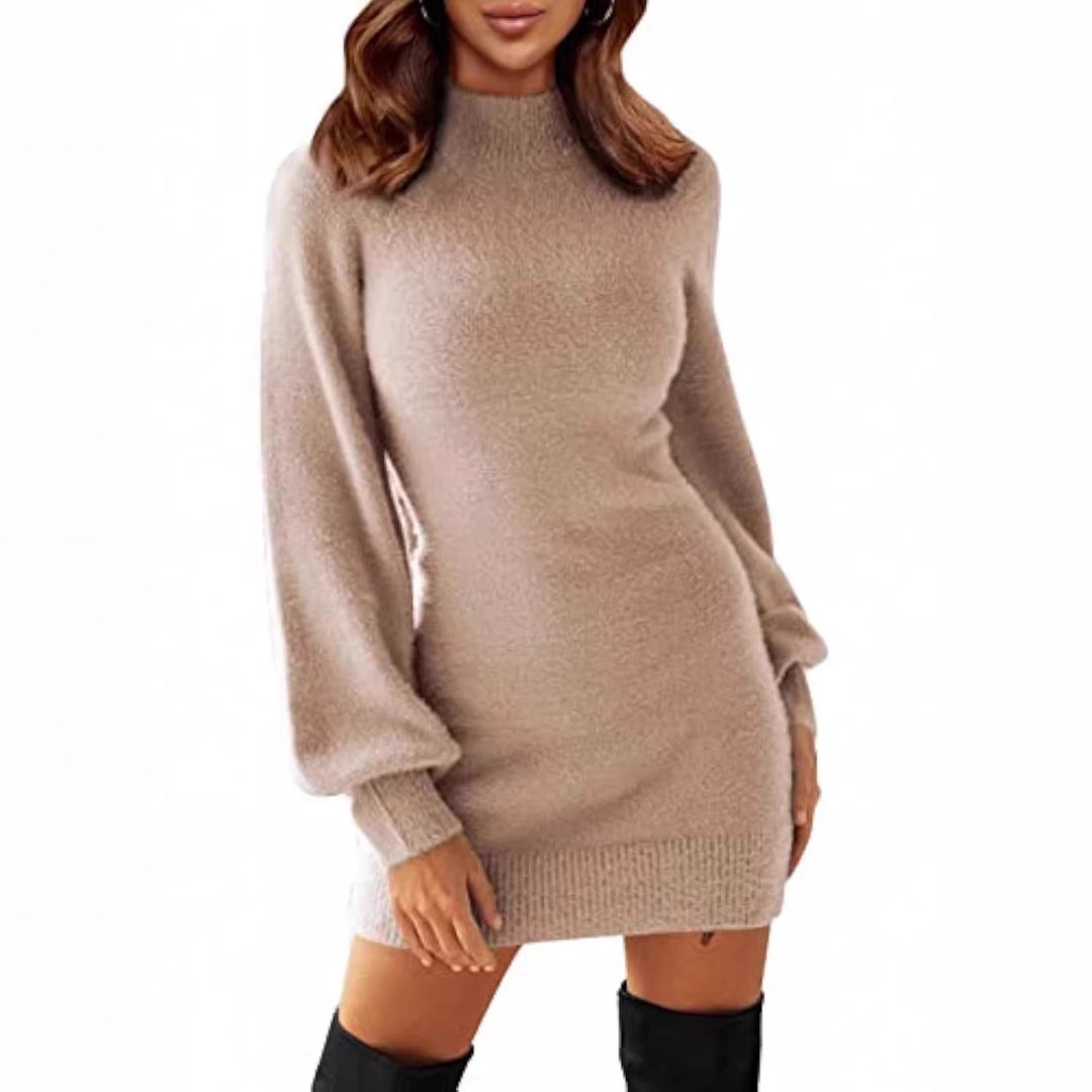 Damen Tailliertes Teddy-Strick-Minikleid mit Stehkragen und Ballonärmeln EB