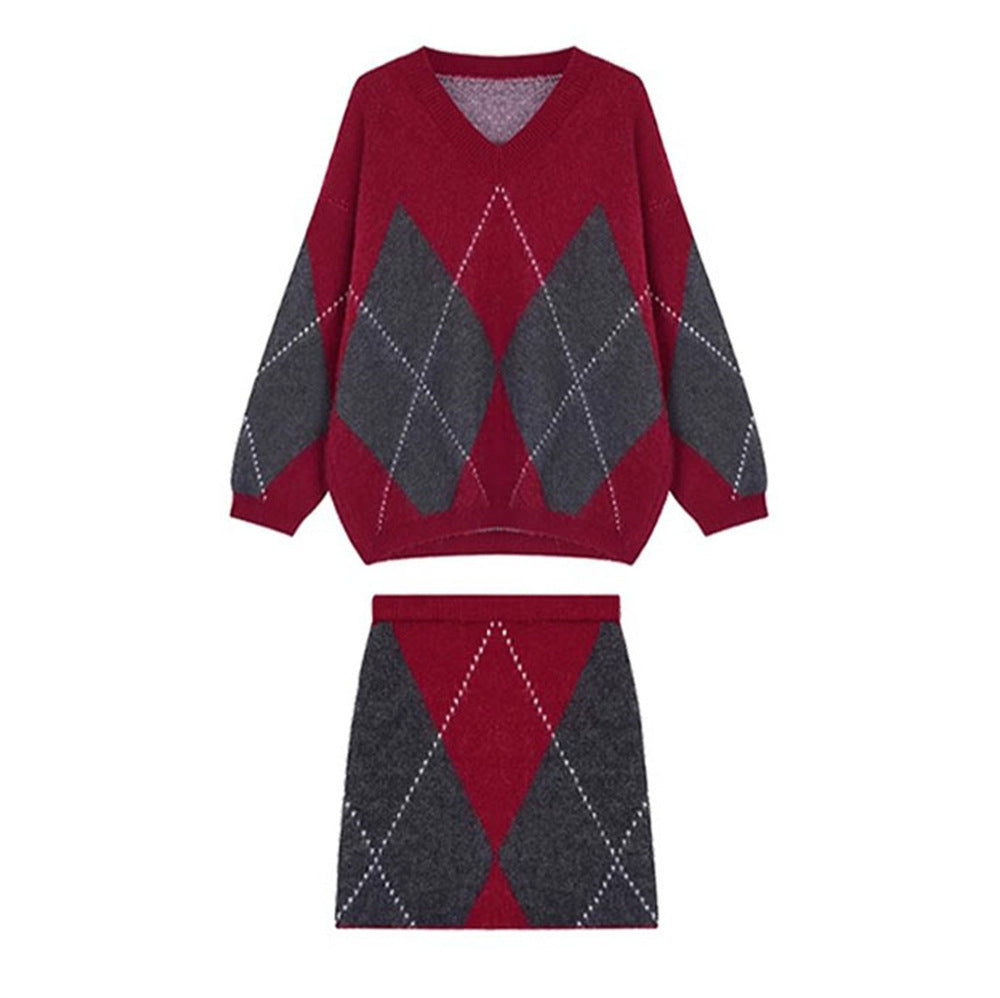Damen Skandinavisches Strickensemble mit V-Ausschnitt und Rautenmuster EB