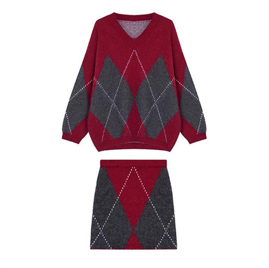Damen Skandinavisches Strickensemble mit V-Ausschnitt und Rautenmuster EB