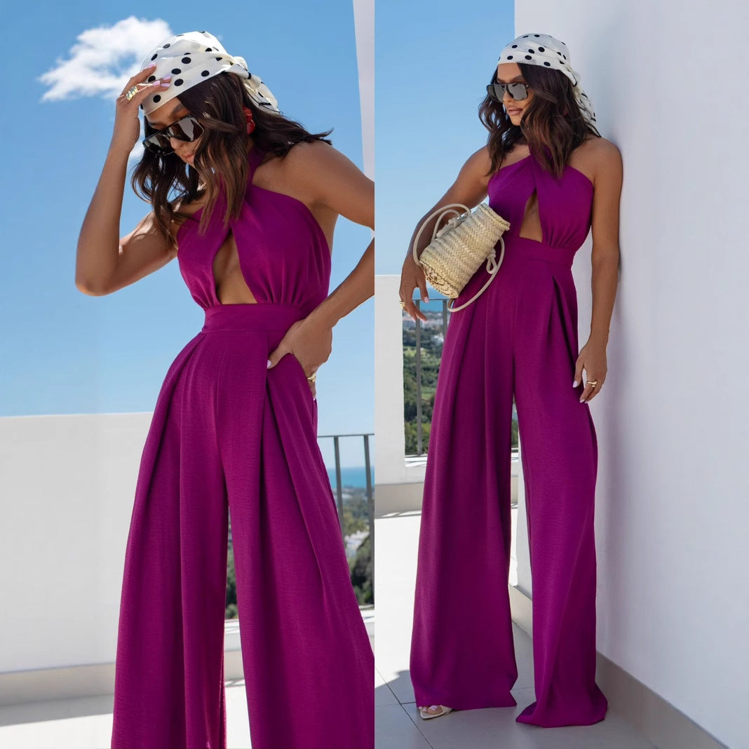 Damen Jumpsuit mit tiefem V-Ausschnitt und weiten Beinen EB