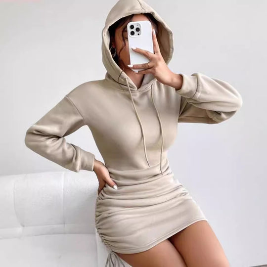 Damen Kapuzenkleid mit gerafftem Saum und bequemem Schnitt EB