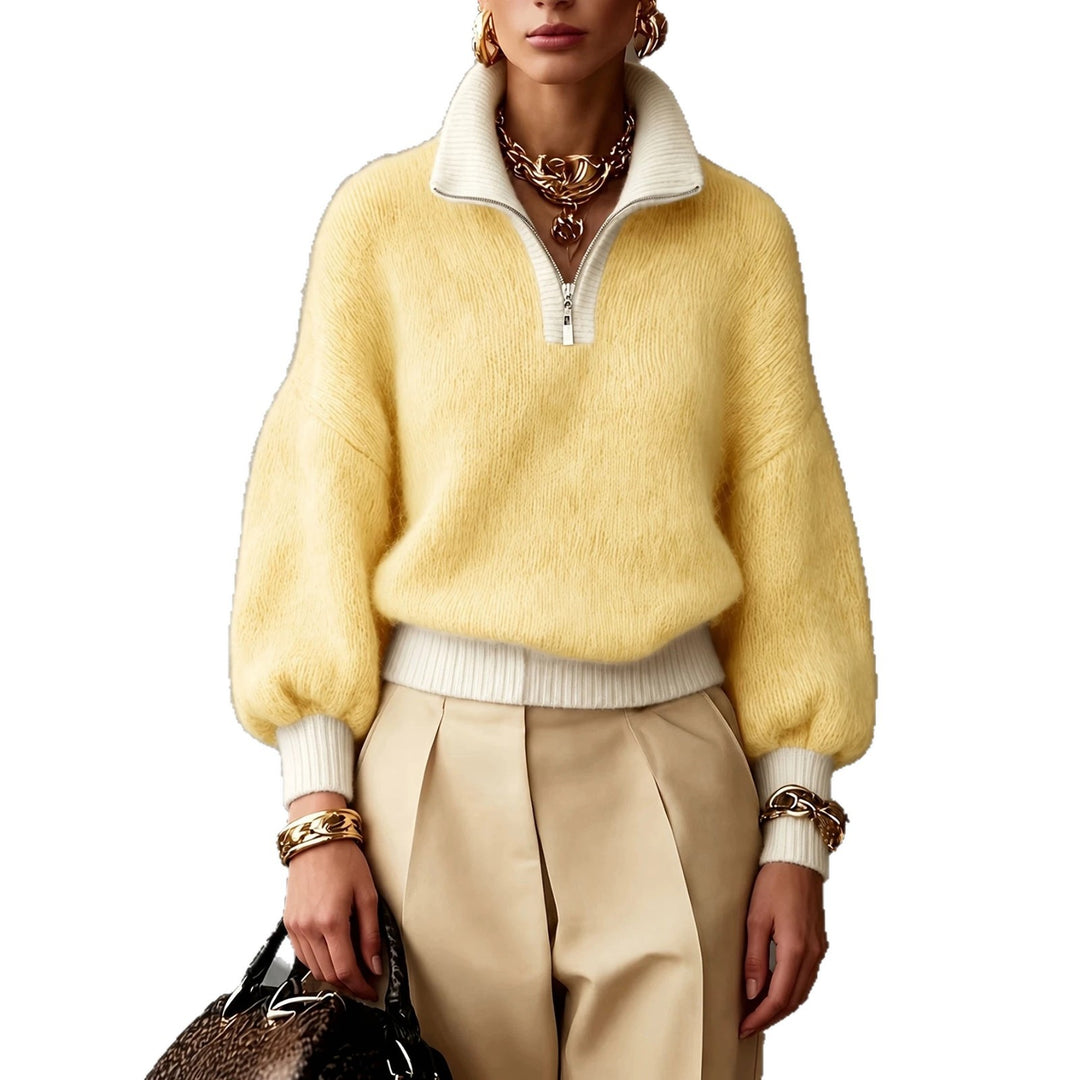 Damen Flauschiger Pullover mit halbem Reißverschluss, Stehkragen und Ballonärmeln EB