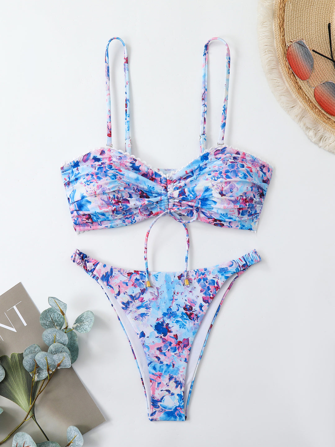Damen Bikini-Set mit gerafftem Oberteil und hoch taillierten Hosen EB