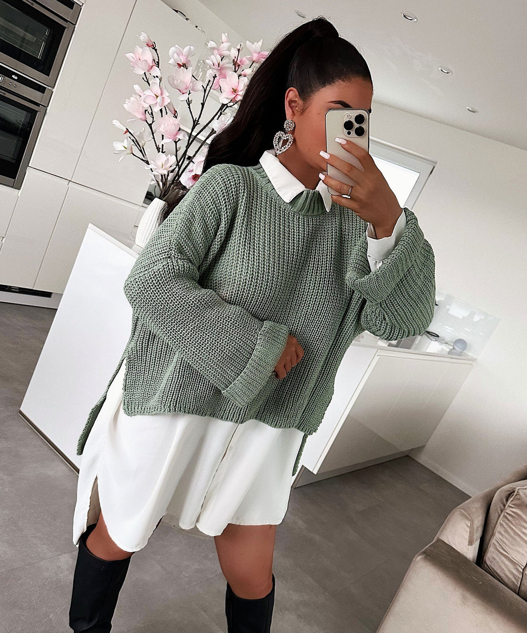 Damen oversized Strickpullover mit strukturiertem Lochdesign und lässigem Schnitt EB
