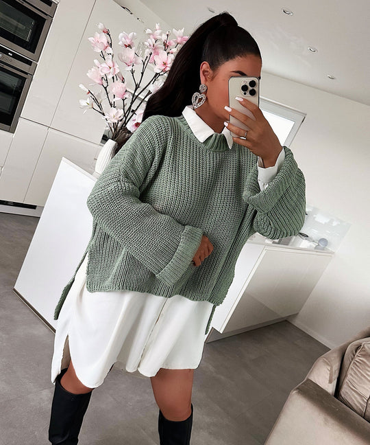 Damen oversized Strickpullover mit strukturiertem Lochdesign und lässigem Schnitt EB