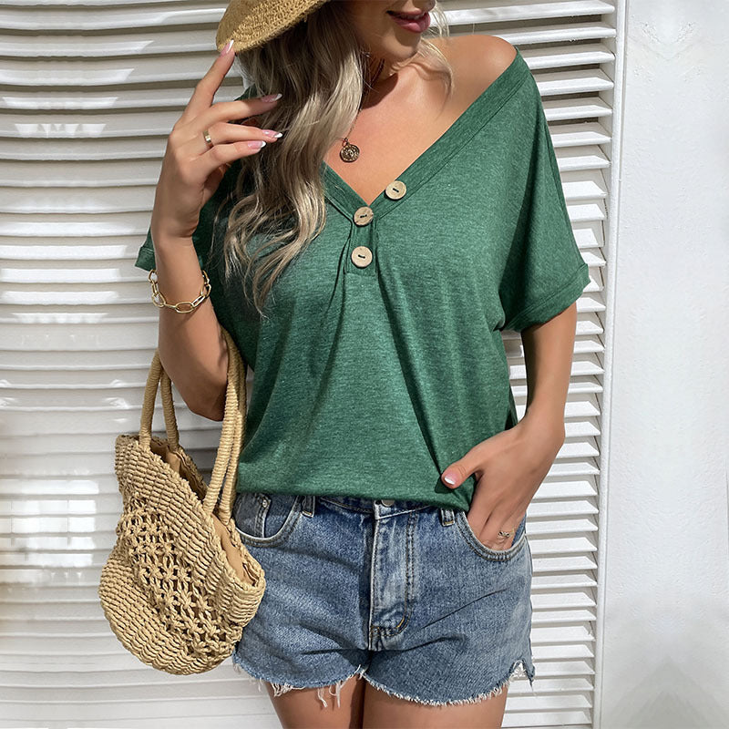 Damen V-Ausschnitt T-Shirt mit Holzknopfdetails EB
