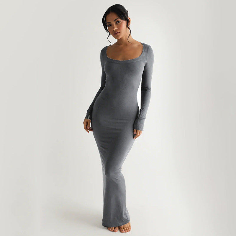 Damen Elegantes langes Kleid mit tiefem U-Ausschnitt und langen Ärmeln EB
