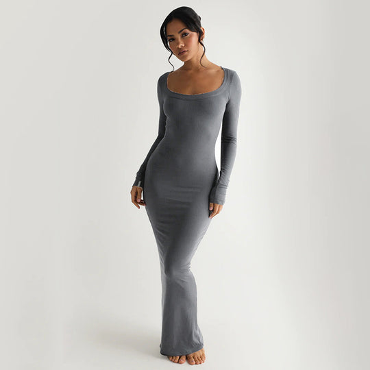 Damen Elegantes langes Kleid mit tiefem U-Ausschnitt und langen Ärmeln EB
