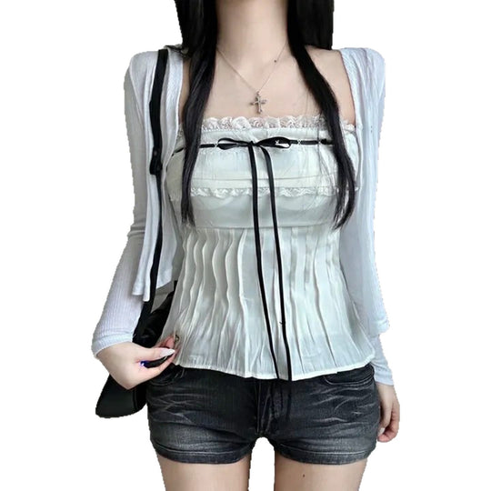 Damen Off-Shoulder Blusenshirt mit Rüschen und Bindeband EB