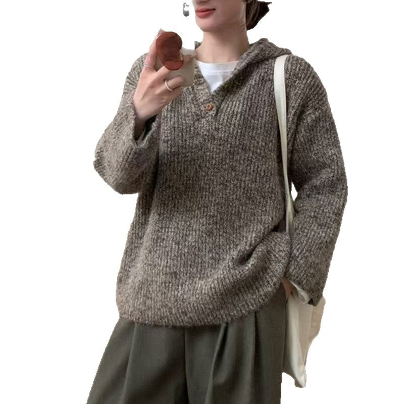 Damen bequemer Strickpullover mit Knopfleiste und Kapuze EB