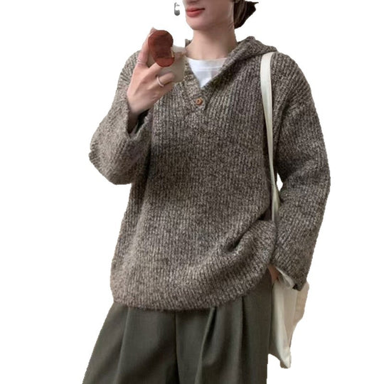 Damen bequemer Strickpullover mit Knopfleiste und Kapuze EB