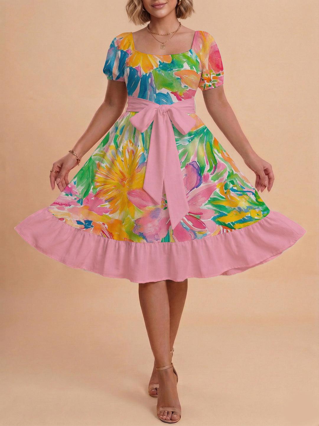 Damen Sommerkleid mit floralem Puffärmel und taillierbarem Gürtel EB