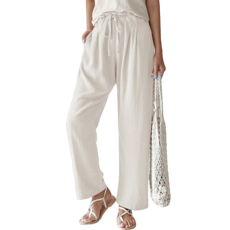 Damen nan lässige Leinenhose mit weitem Bein, elastischem Bund und Seitentaschen EB