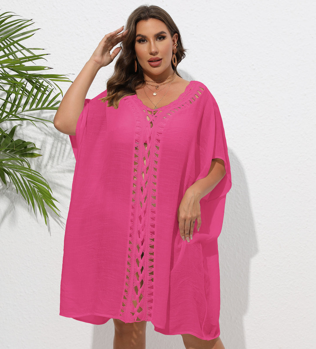 Damen Luftiger Strandkimono mit dekorativer Häkelspitze EB