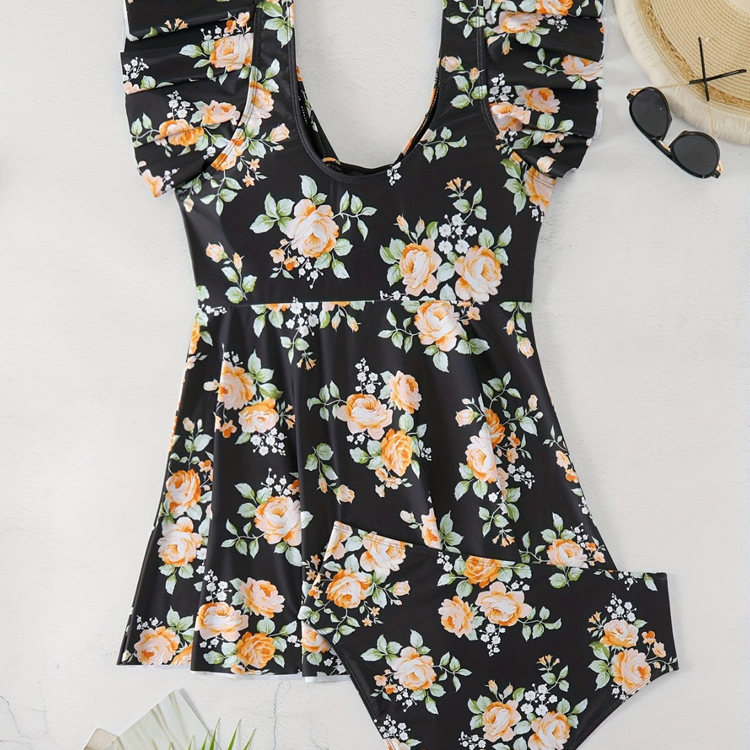 Damen Einteiler Badeanzug mit Rüschendetails und floralem Design EB