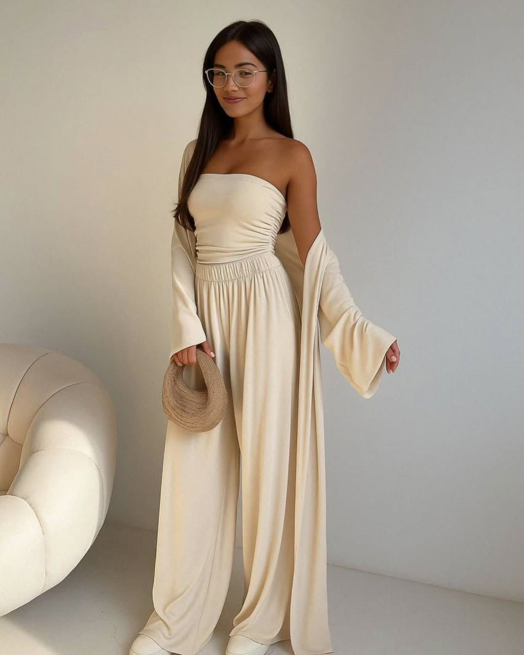 Damen elegantes 3-teiliges Set mit weitem Hosen und tailliertem Oberteil EB