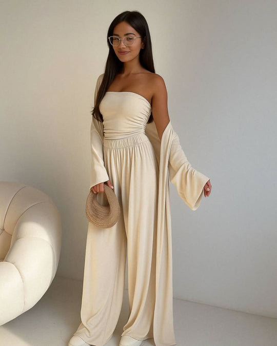 Damen elegantes 3-teiliges Set mit weitem Hosen und tailliertem Oberteil EB