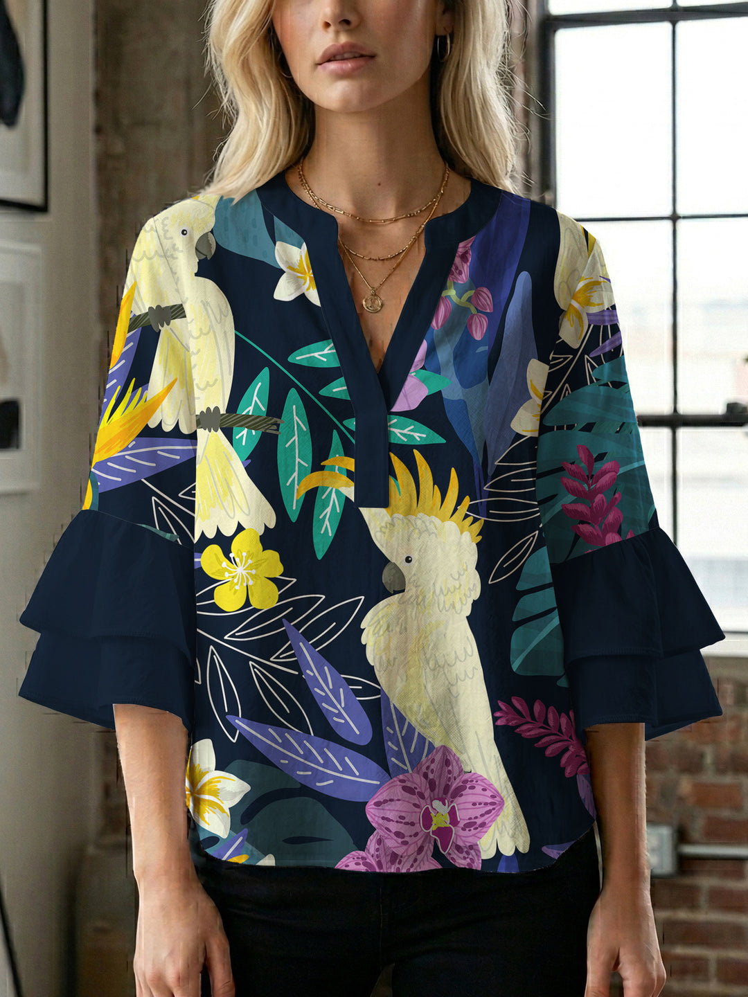 Damen Bluse mit voluminösen Rüschenärmeln und floralem Druck EB