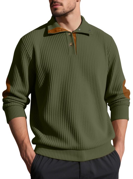 Herren nan Rippstrick-Halbknopf-Pullover mit Kentkragen und Lederbesatz EB