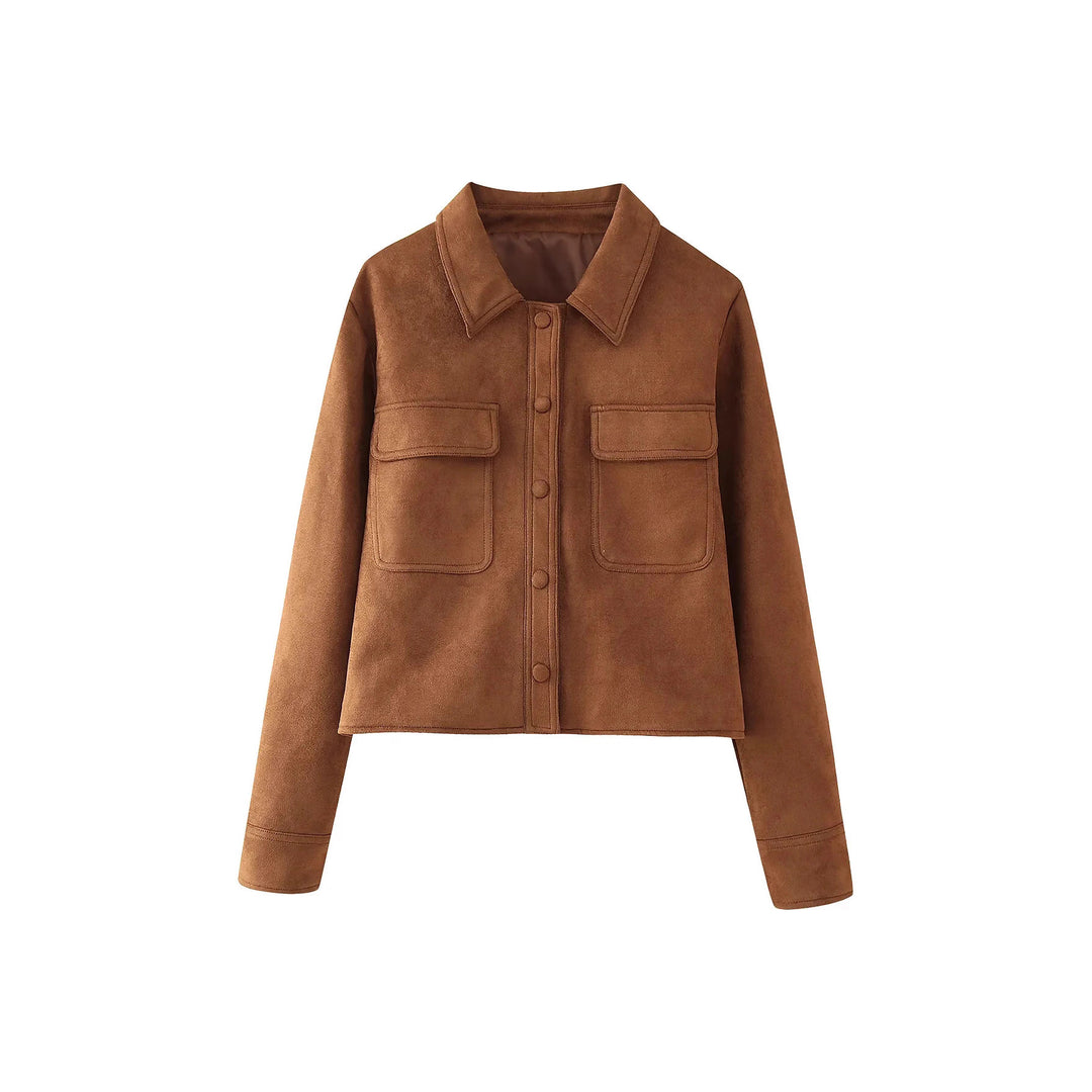 Damen modische Kurzjacke aus Wildlederimitat mit praktischen Taschen und elegantem Kragen EB