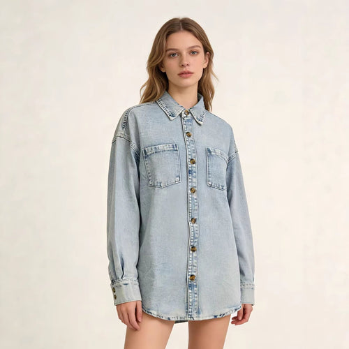 Damen Oversized Denim-Hemd mit aufgesetzten Taschen EB