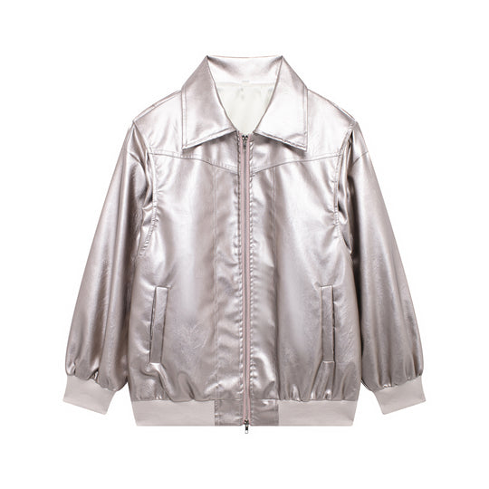 Damen Elegante Kunstlederjacke mit hochstehendem Kragen und elastischen Bündchen EB