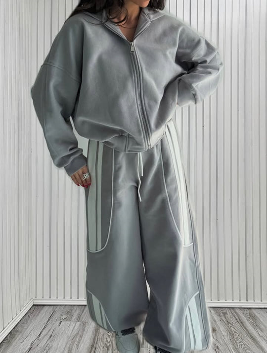Damen Oversize Kapuzen-Sweatjacke mit Reißverschluss und weitem Trackpant-Set EB