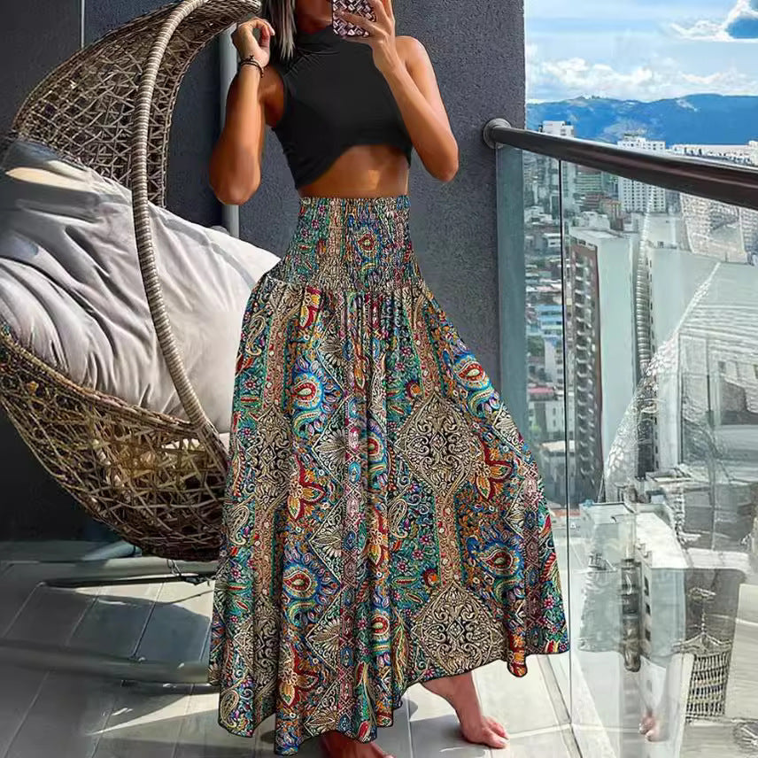 Damen nan Maxirock mit hoher Smok-Taillenpartie und fließender Boho-Faltenoptik EB