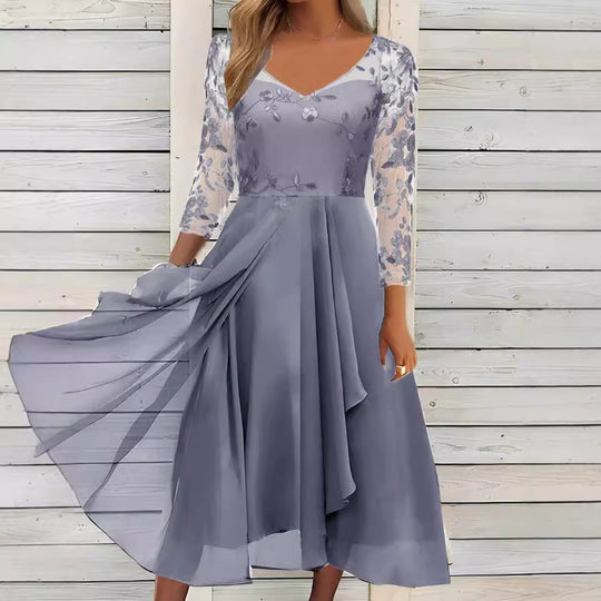 Damen Abendkleid mit floralen Spitzenärmeln und asymmetrischem Schnitt Heidi-Mode