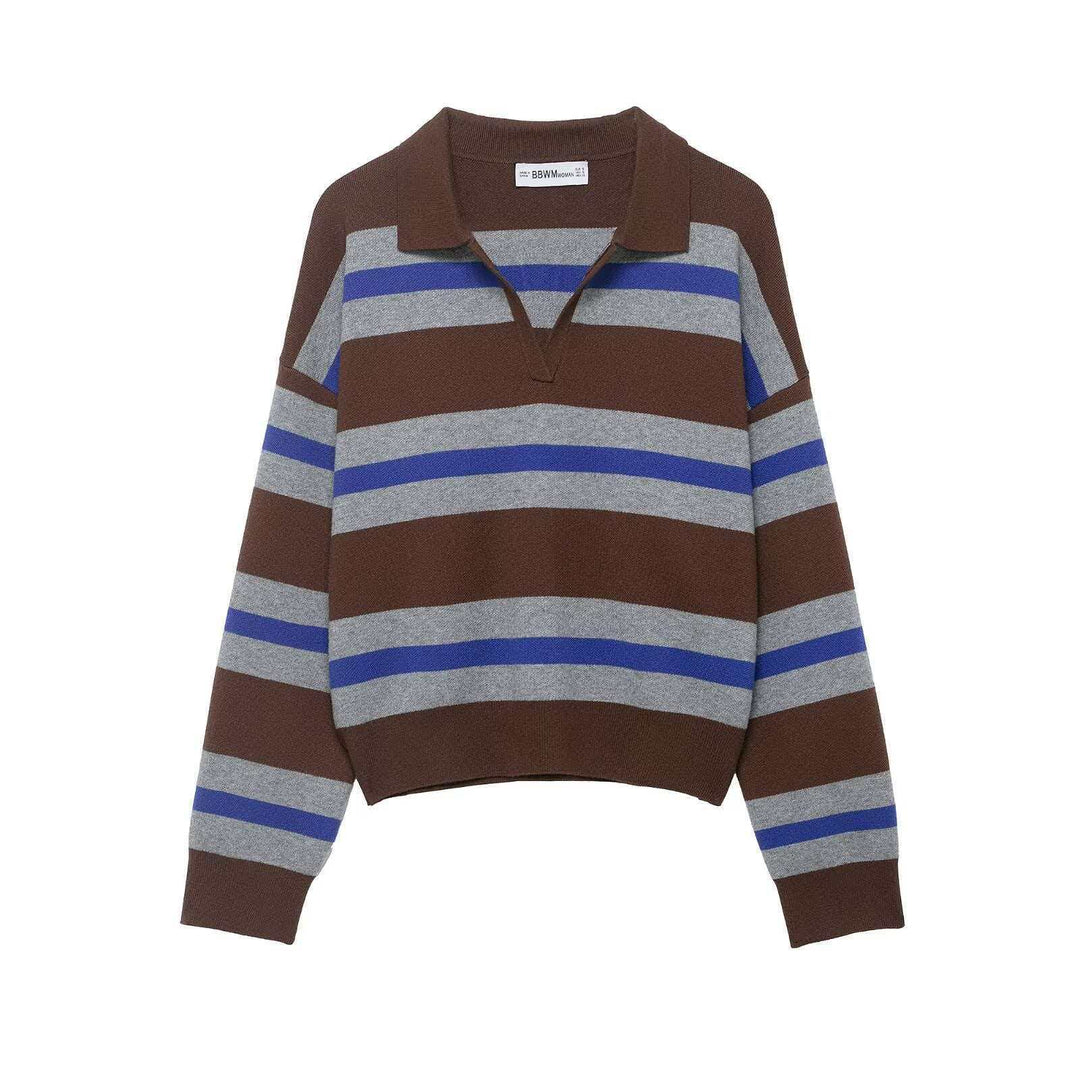 Damen nan gestreifter Rugby-Pullover mit Polokragen, V‑Ausschnitt und verlängerten Rippbündchen EB