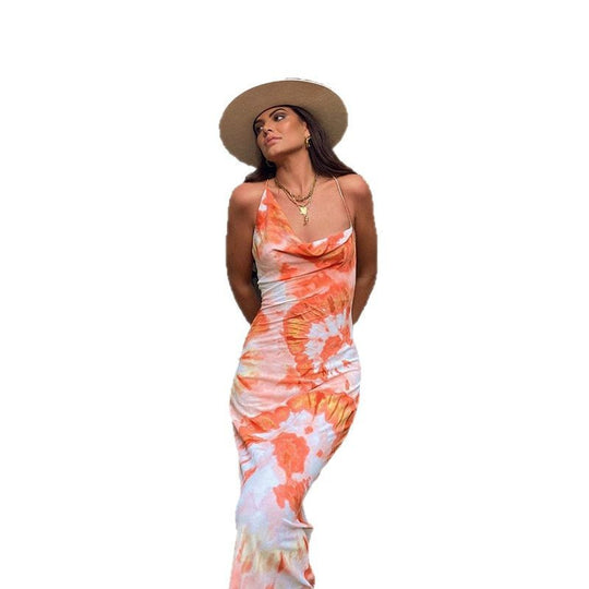 Damen elegantes Sommerkleid mit raffiniertem Wasserfall-Ausschnitt und einzigartigem Batikmuster EB