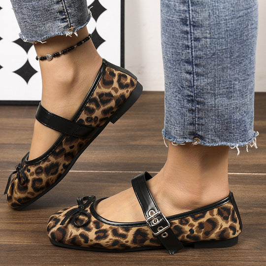 Damen  Ballerinas mit Leopardenmuster, verstellbarem Mary-Jane-Riemen und dekorativer Schleife EB