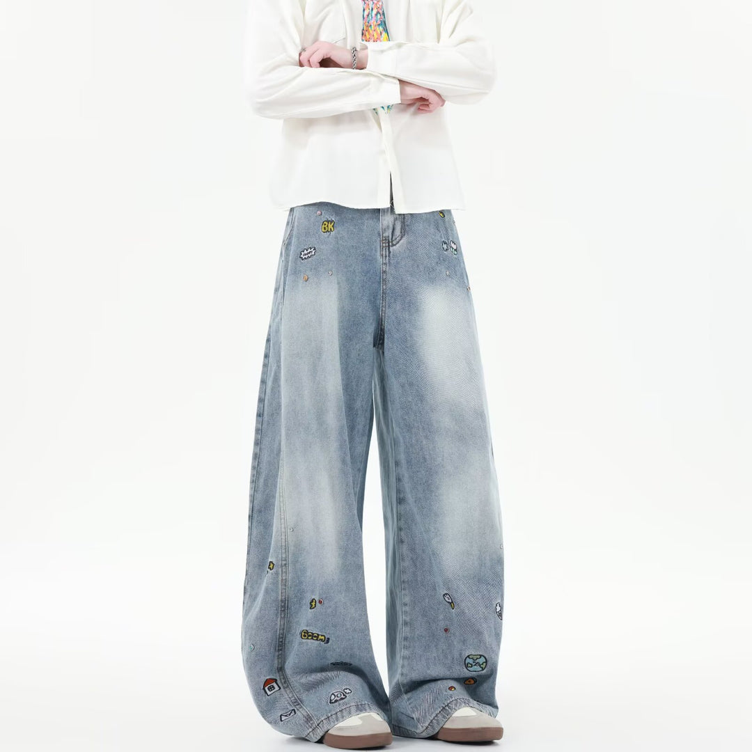 Damen Weit geschnittene Jeans mit bunten Stickereien EB