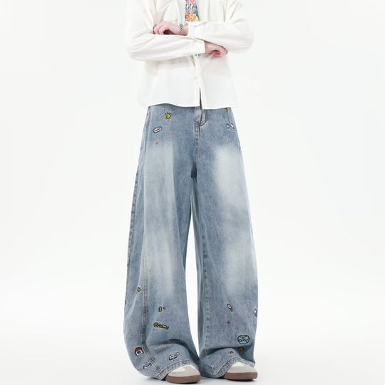 Damen Weit geschnittene Jeans mit bunten Stickereien EB