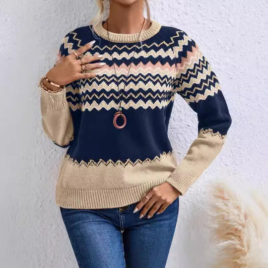 Damen Pullover mit Wellenmuster und klassischem Rundhalsausschnitt EB